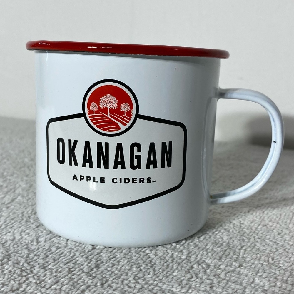 Okanagan Cider White Enamel Mug Coffee Cup W Red Rim
